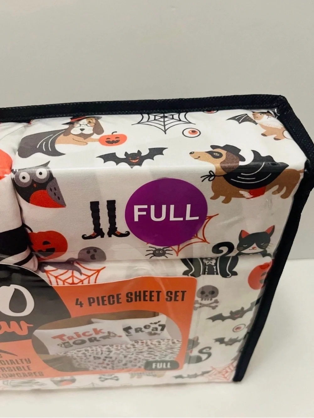 Boo Crew Halloween Full Size Sheet Set Cats Skulls Cobwebs Spiders Owls Dog Cat